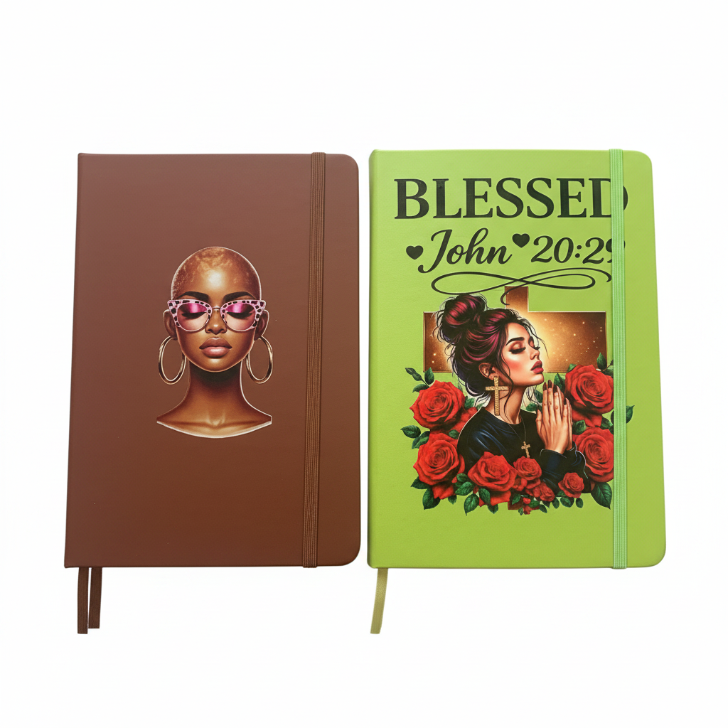 A5 journals with faith-inspired artwork on white background