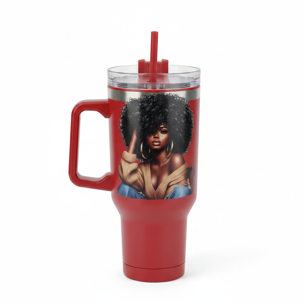 Tumbler with African American woman artwork on white background
