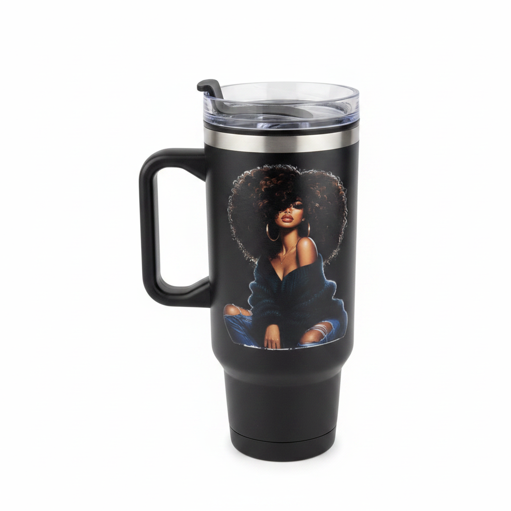 Tumbler with African American woman artwork on white background