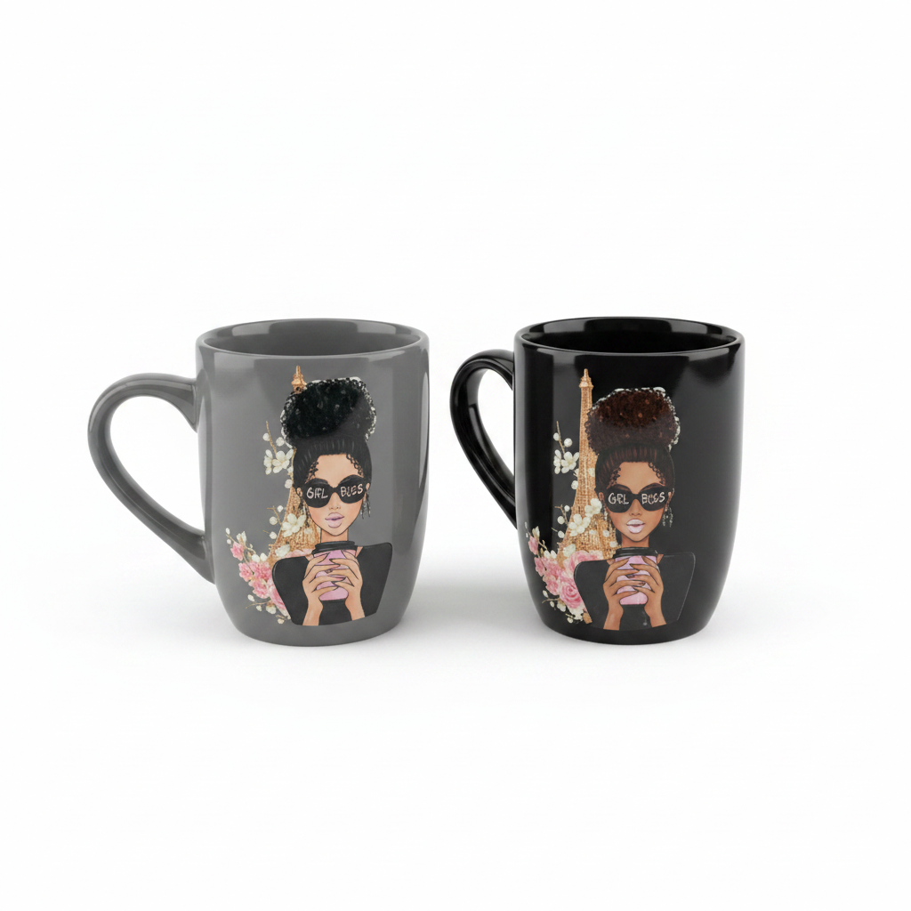 Gray and black Girl Boss Eiffel Tower mugs on white background