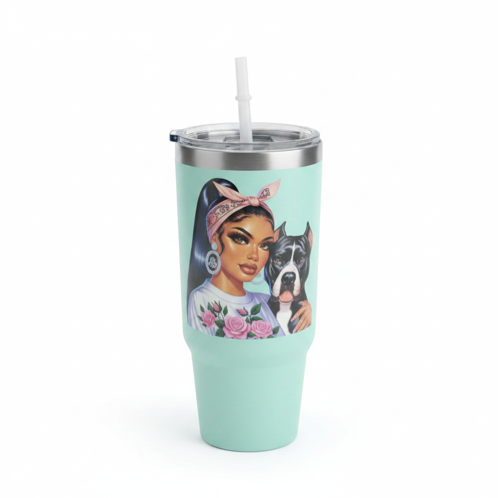 Pink tumbler with African American woman artwork on white background