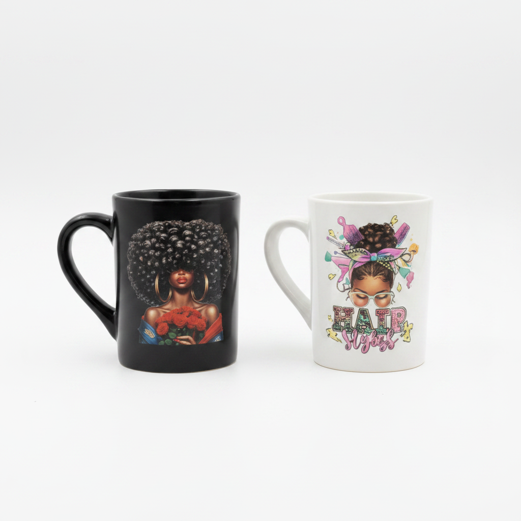 Black afro woman mug and white hair cartoon girl mug on white background