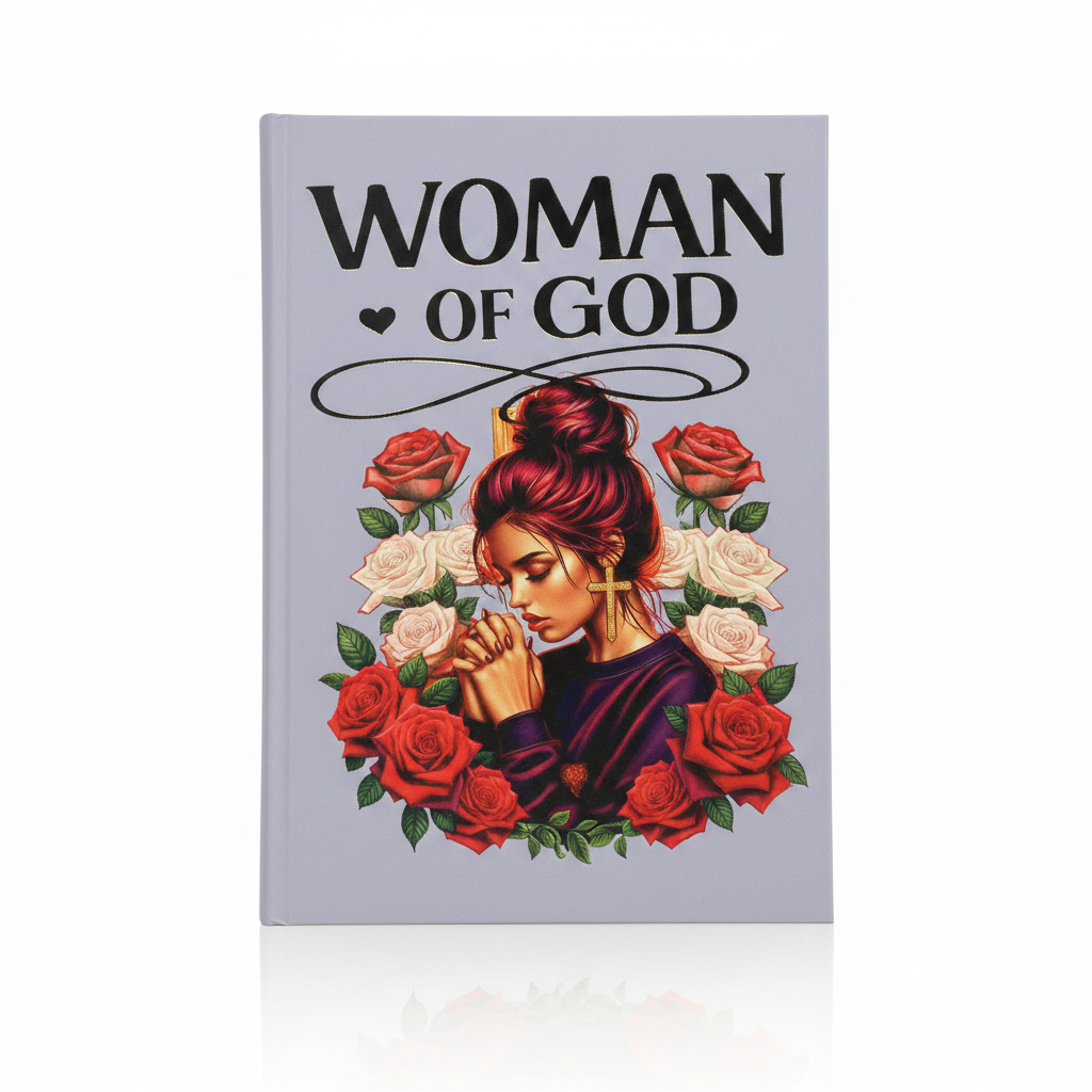 Woman of God journal with woman holding roses on white background