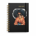Black and gold spiral 2026-2027 planner with Black woman with curly afro on white background