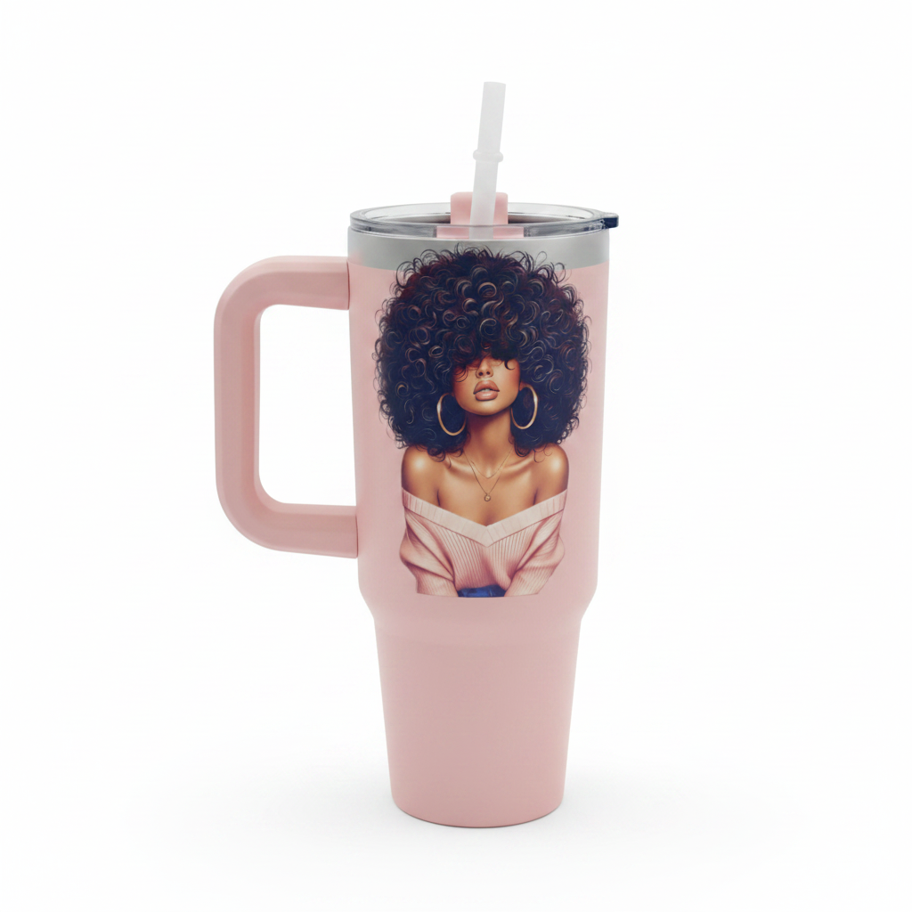 Tumbler with African American woman artwork on white background