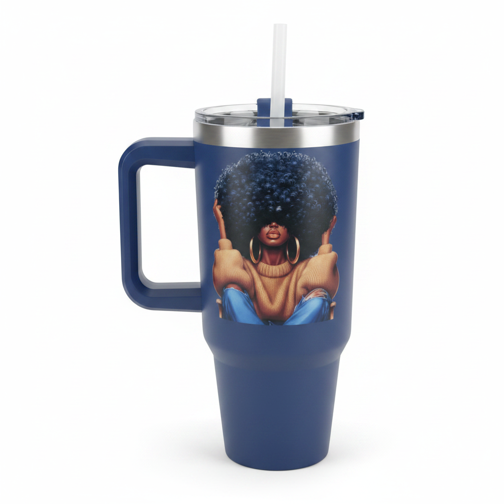 Tumbler with African American woman artwork on white background
