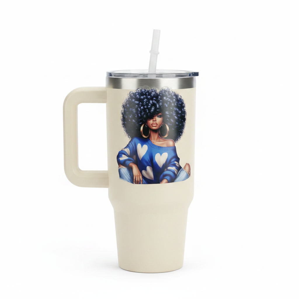 Tumbler with African American woman artwork on white background