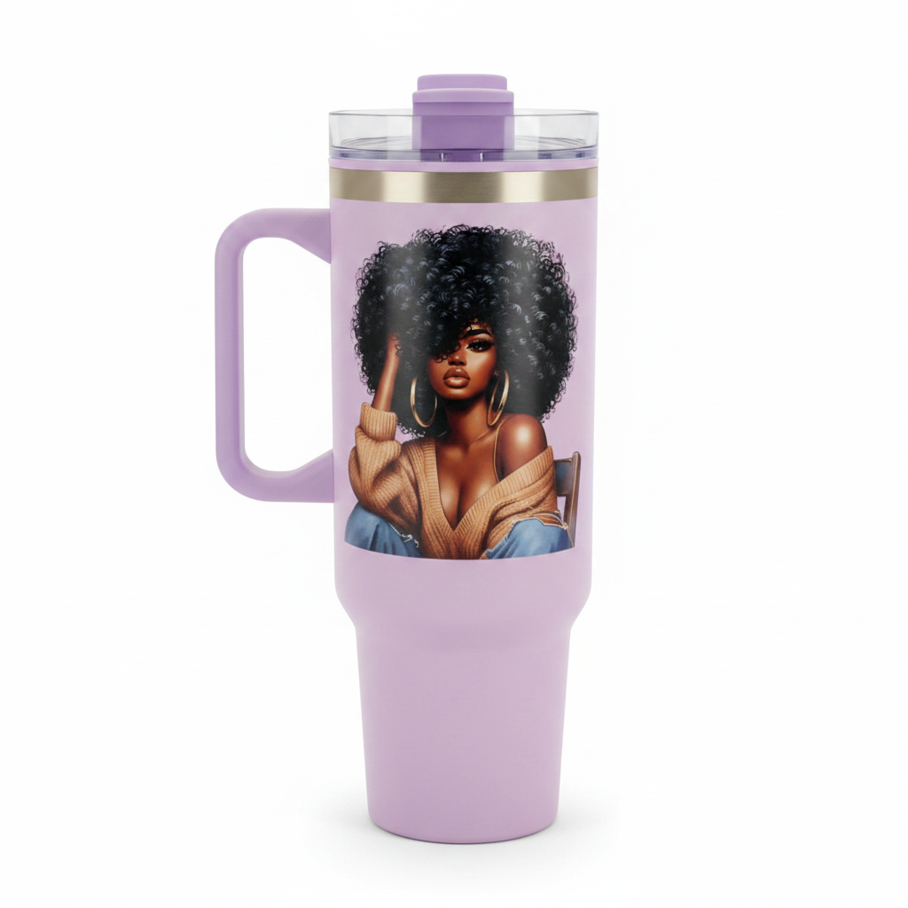 Tumbler with African American woman artwork on white background