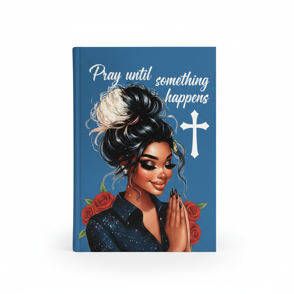 Blue Pray Until Something Happens journal with woman and roses on white background